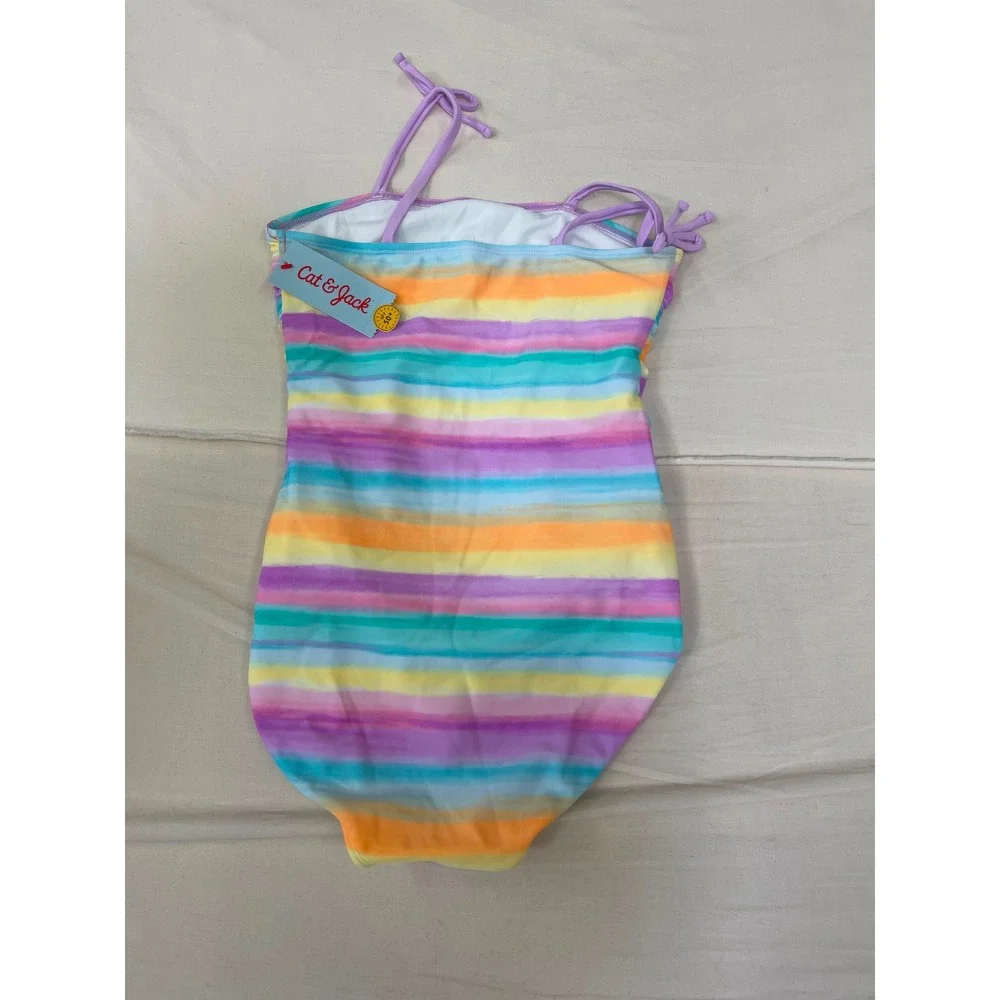 Cat & Jack Girls Rainbow Stripe Ruched One Piece Swimsuit XL 14 UPF 50+ New